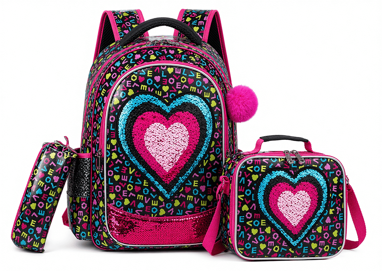 17-Inch Sequin Heart Backpack 3-Piece Set