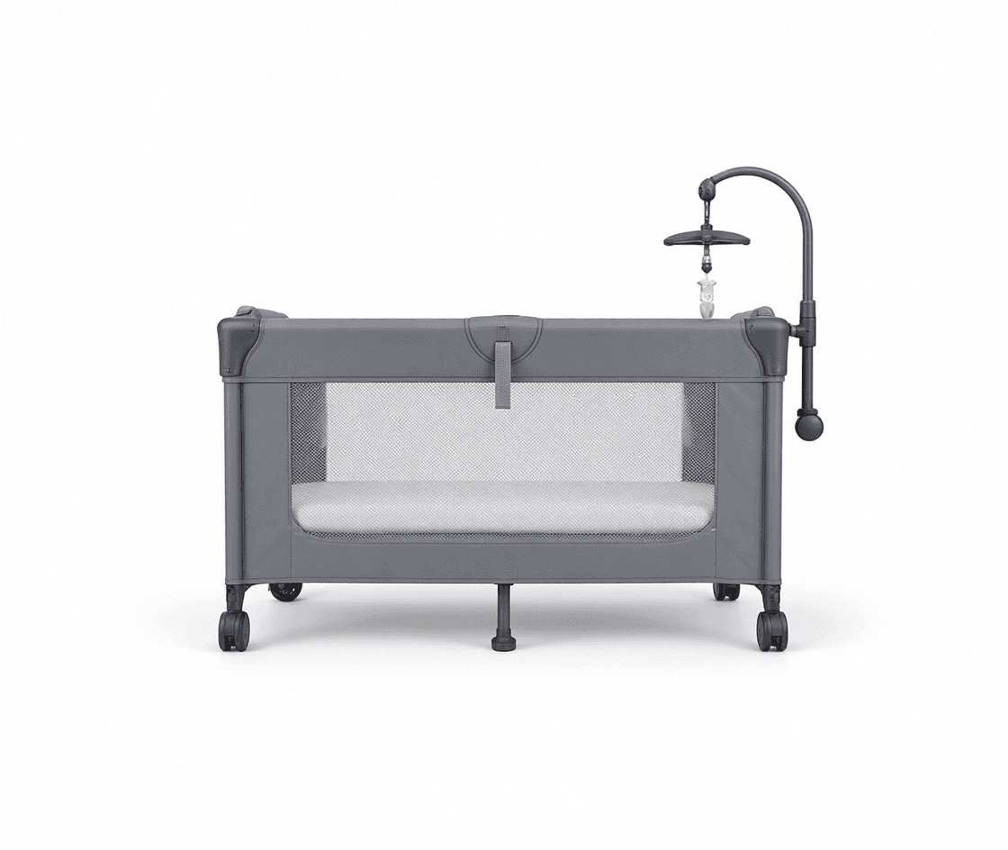 HT205 Grey Travel Cot with Mobile